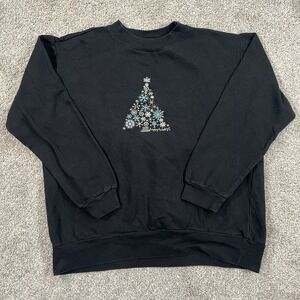Holiday Sweatshirt XL Snowflake Christmas Tree Graphic Happy Holidays Black Cozy